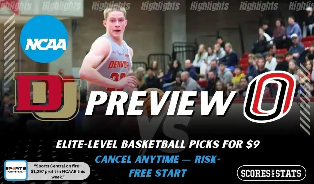 Denver Pioneers vs Omaha Mavericks preview graphic with both team logos, “Picks and Predictions” label, and Denver Pioneers basketball action background (January 31, 2026).