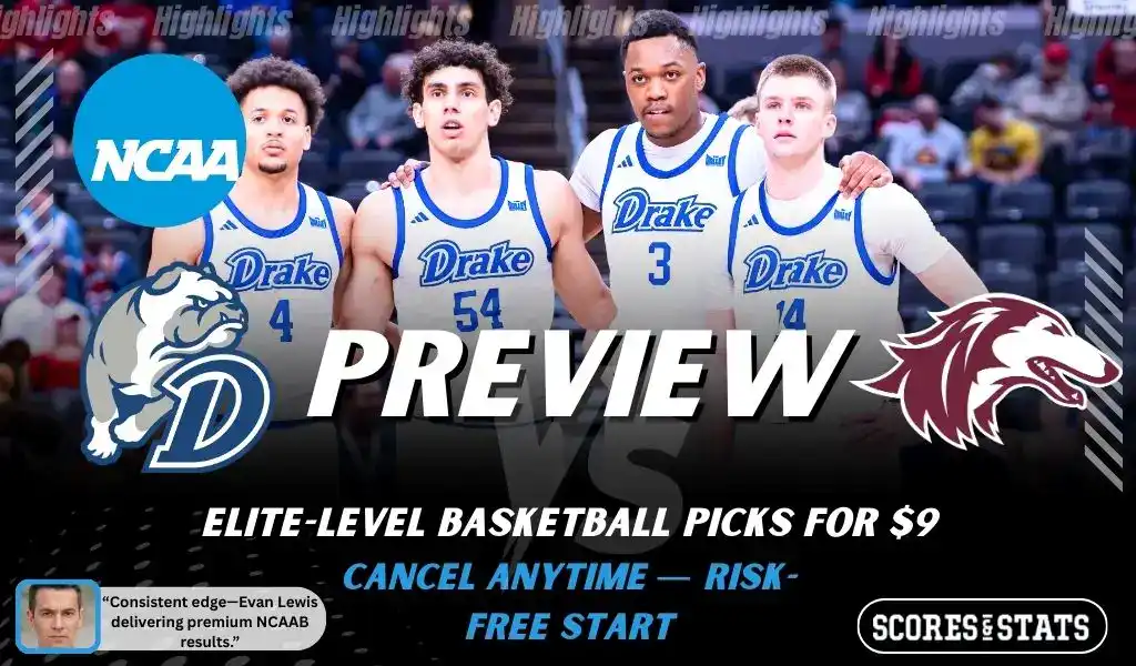 Drake Bulldogs vs Southern Illinois Salukis basketball preview graphic with Drake and Southern Illinois logos and Drake players posing in the background
