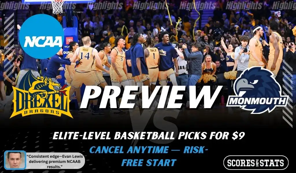Drexel Dragons vs Monmouth Hawks basketball preview graphic with Drexel and Monmouth logos and players celebrating on the court in the background