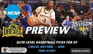 Drexel Dragons vs Towson Tigers college basketball preview graphic with a Drexel player dribbling and both team logos for January 19 2026