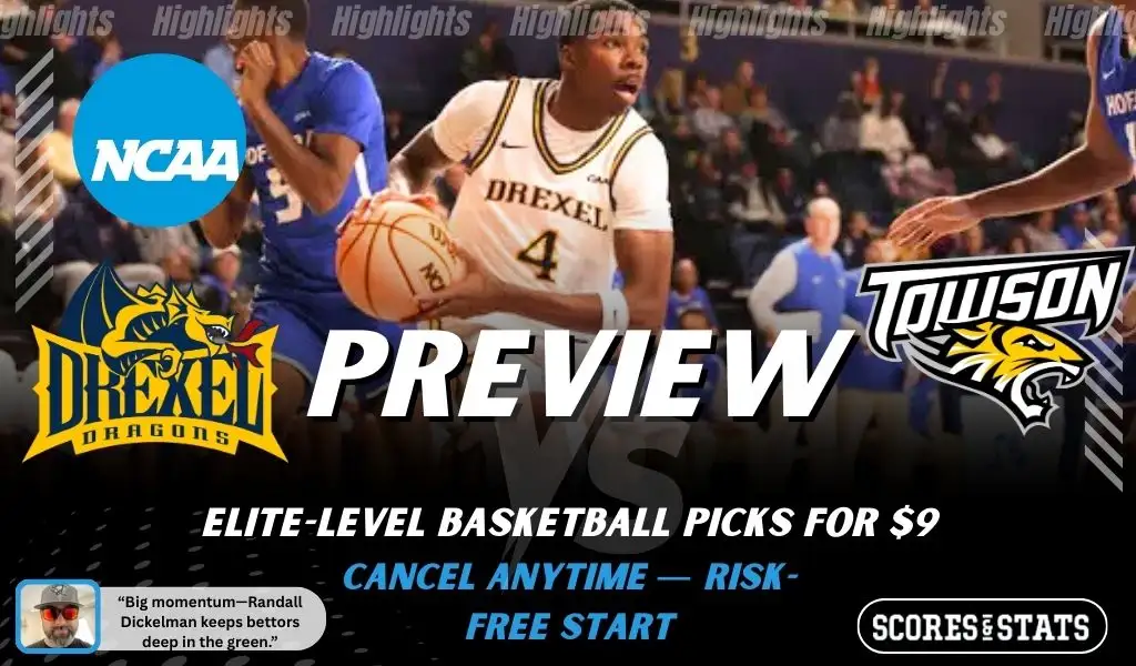 Drexel Dragons vs Towson Tigers college basketball preview graphic with a Drexel player dribbling and both team logos for January 19 2026