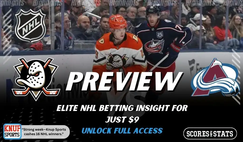 Anaheim Ducks vs Colorado Avalanche NHL preview graphic showing two players battling along the boards with both team logos for January 21 2026
