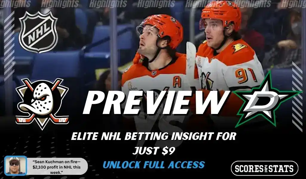 Anaheim Ducks versus Dallas Stars NHL preview graphic with team logos and Scores and Stats branding January 13 2026