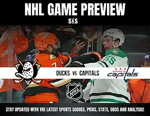 NHL game preview featuring the Ducks vs. Capitals, with players in action and team logos highlighted.