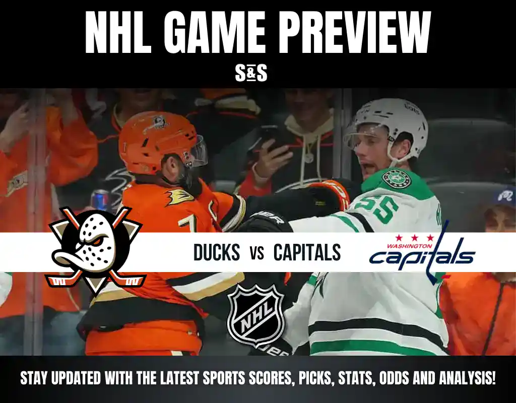 NHL game preview featuring the Ducks vs. Capitals, with players in action and team logos highlighted.