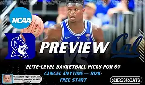 Duke Blue Devils versus California Golden Bears college basketball preview graphic with team logos and Scores and Stats branding January 14 2026