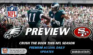 NFL preview graphic for Philadelphia Eagles vs San Francisco 49ers with “PREVIEW” text, both team logos, and game date January 11, 2026