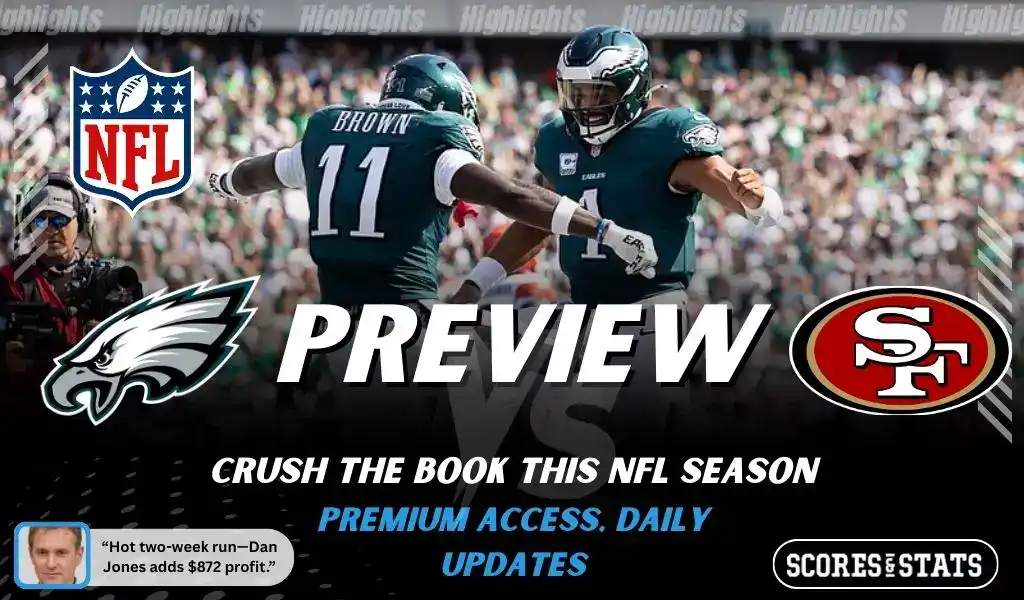 NFL preview graphic for Philadelphia Eagles vs San Francisco 49ers with “PREVIEW” text, both team logos, and game date January 11, 2026