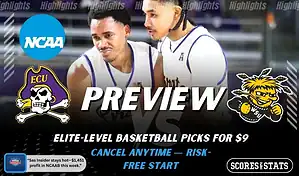 East Carolina Pirates vs Wichita State Shockers college basketball preview graphic showing two players with both team logos for January 21 2026
