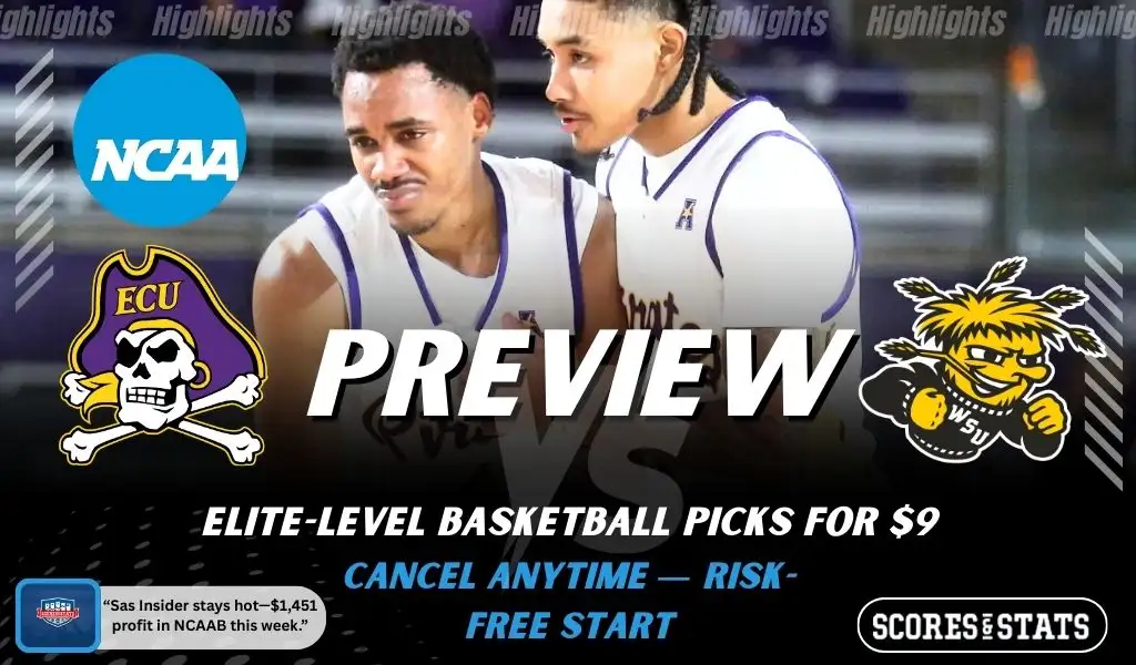 East Carolina Pirates vs Wichita State Shockers college basketball preview graphic showing two players with both team logos for January 21 2026