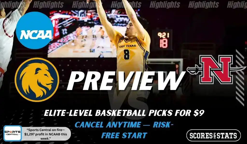 East Texas A&M Lions vs Nicholls Colonels preview graphic with both team logos, “Picks and Predictions” label, and East Texas A&M Lions basketball action background (January 31, 2026).