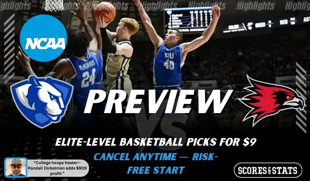 Eastern Illinois Panthers vs Southeast Missouri State Redhawks NCAA basketball preview graphic with players battling near the rim and team logos