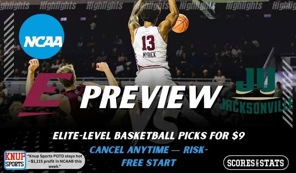 Eastern Kentucky Colonels vs Jacksonville Dolphins preview graphic with team logos and NCAA branding promoting college basketball picks and predictions for January 24 2026