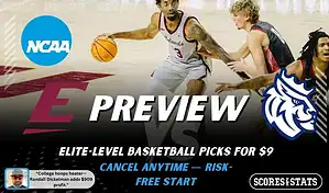 Eastern Kentucky Colonels vs Queens Royals NCAA basketball preview graphic with players in action and team logos