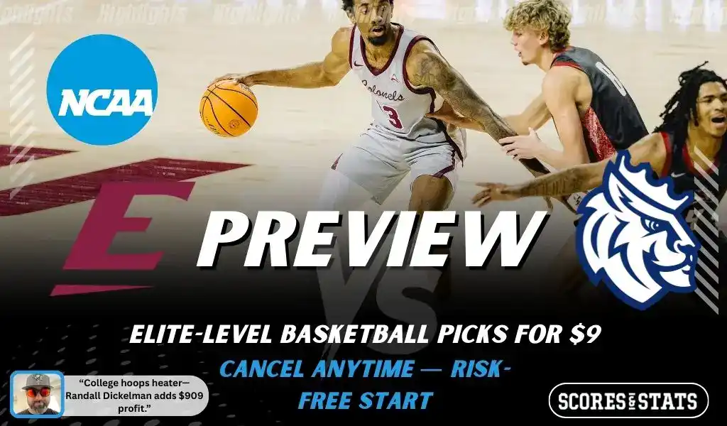Eastern Kentucky Colonels vs Queens Royals NCAA basketball preview graphic with players in action and team logos
