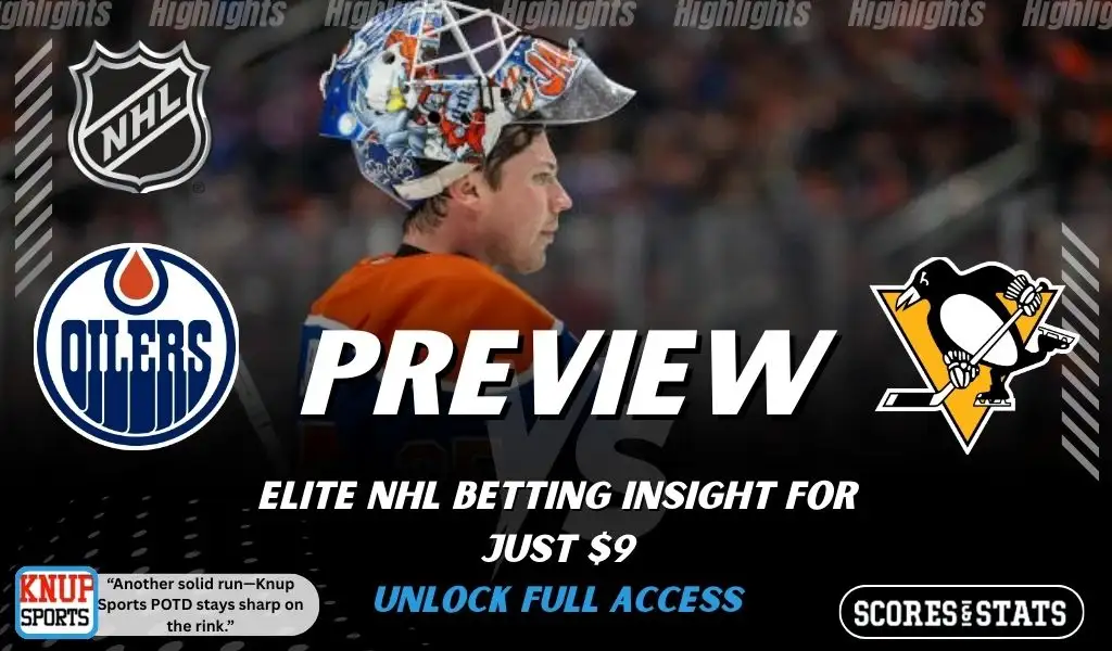 Edmonton Oilers vs Pittsburgh Penguins NHL preview graphic with team logos, “Preview” headline, and ScoresAndStats betting promo for Jan 22 2026