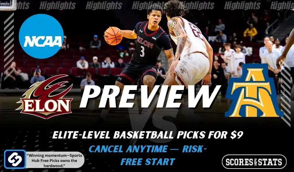NCAA basketball preview graphic for Elon Phoenix vs North Carolina A and T Aggies with team logos game photo and the word Preview for January 8 2026