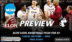 Elon Phoenix vs Northeastern Huskies basketball preview graphic with Elon and Northeastern logos and Elon players celebrating in the background