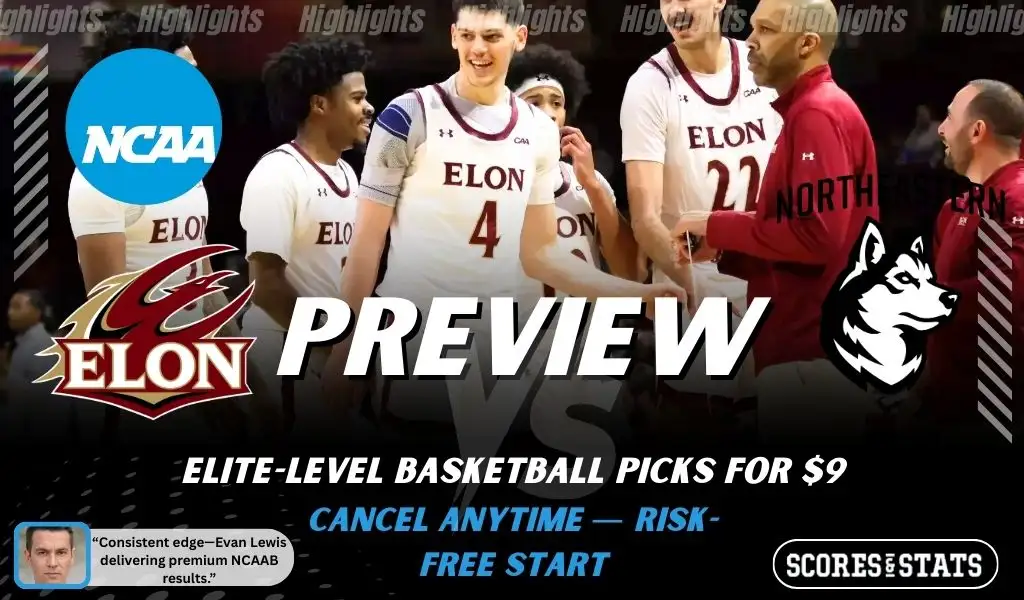 Elon Phoenix vs Northeastern Huskies basketball preview graphic with Elon and Northeastern logos and Elon players celebrating in the background