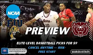 Florida International Golden Panthers versus Missouri State Bears college basketball preview graphic with team logos and Scores and Stats branding January 10 2026