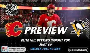 Calgary Flames vs Pittsburgh Penguins NHL preview graphic with a Flames player on the ice and both team logos for January 21 2026