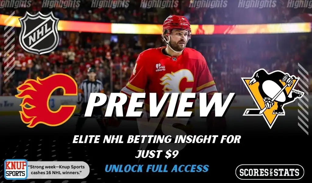 Calgary Flames vs Pittsburgh Penguins NHL preview graphic with a Flames player on the ice and both team logos for January 21 2026