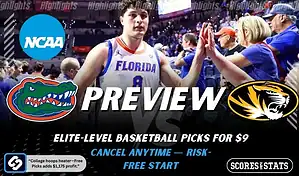 Florida Gators vs Missouri Tigers NCAA basketball preview graphic with a Florida player high fiving fans and team logos