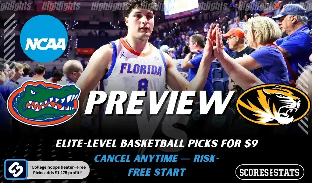 Previews 8 Florida Gators vs Missouri Tigers NCAA basketball preview graphic with a Florida player high fiving fans and team logos