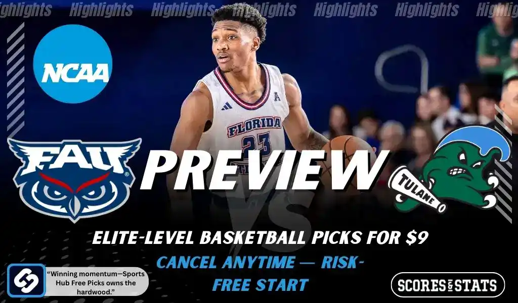 Previews 6 NCAA basketball preview graphic for Florida Atlantic Owls vs Tulane Green Wave with team logos player photo and the word Preview for January 4 2026