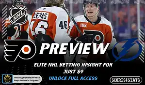 Philadelphia Flyers versus Tampa Bay Lightning NHL preview graphic with team logos and Scores and Stats branding January 12 2026