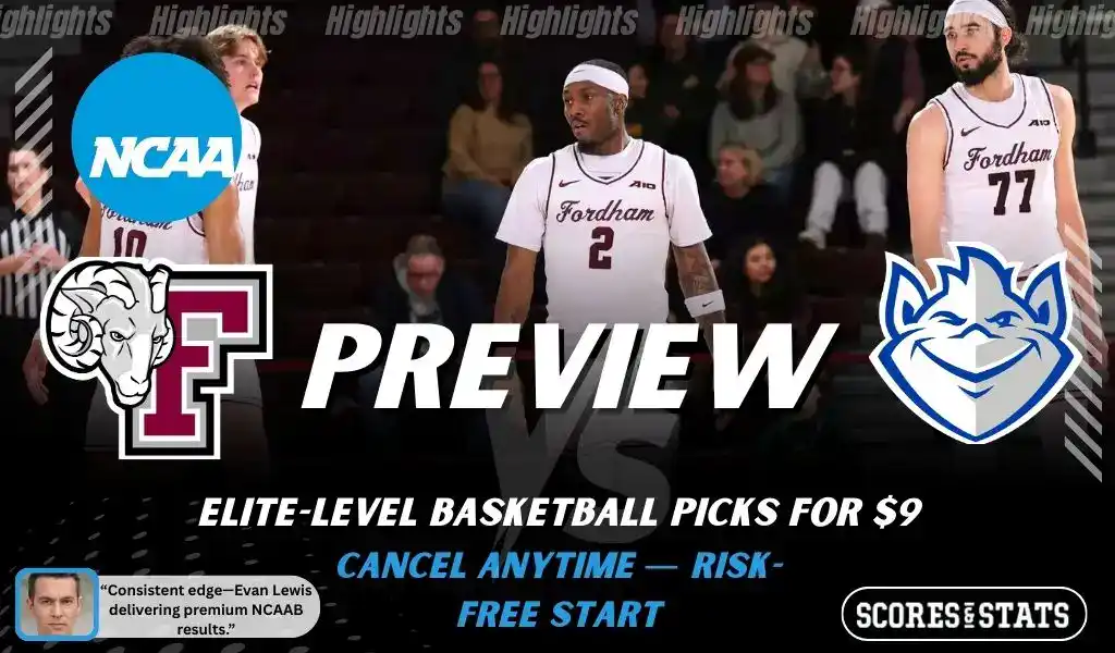 Fordham Rams vs Saint Louis Billikens basketball preview graphic with Fordham and Saint Louis logos and Fordham players on the court in the background
