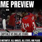 NHL game preview featuring the Washington Capitals vs. Dallas Stars, showcasing a player in a red Capitals jersey on ice.