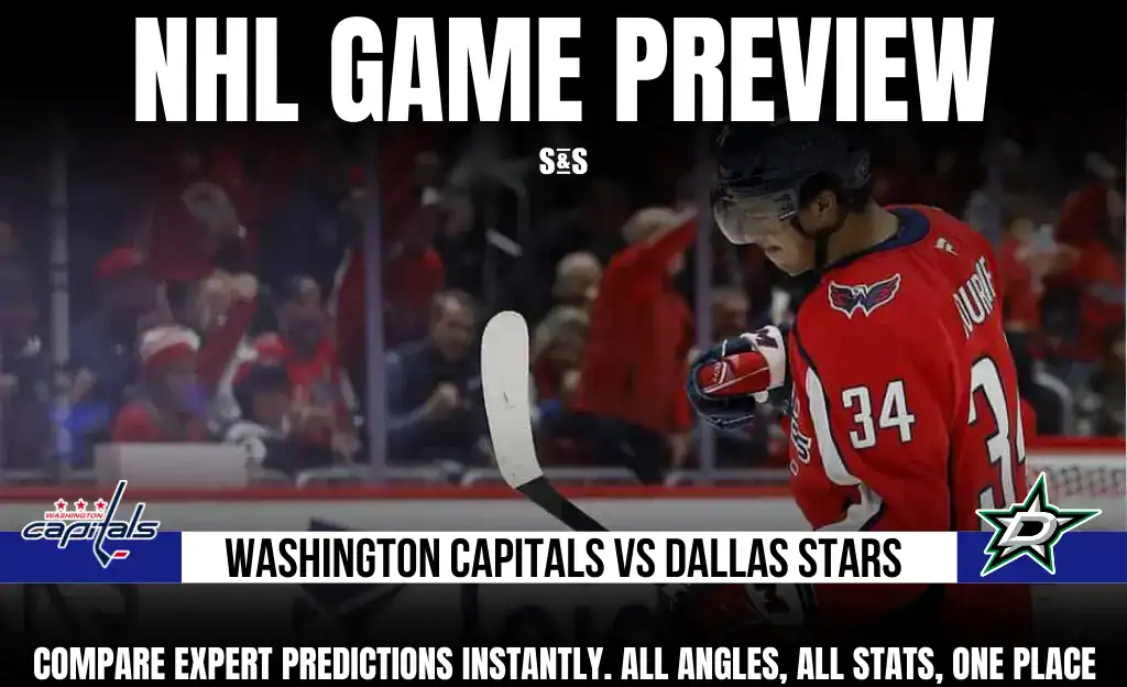 NHL game preview featuring the Washington Capitals vs. Dallas Stars, showcasing a player in a red Capitals jersey on ice.