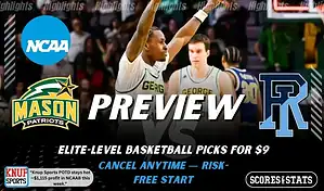 George Mason Patriots vs Rhode Island Rams preview graphic with team logos and NCAA branding promoting college basketball picks and predictions for January 24 2026