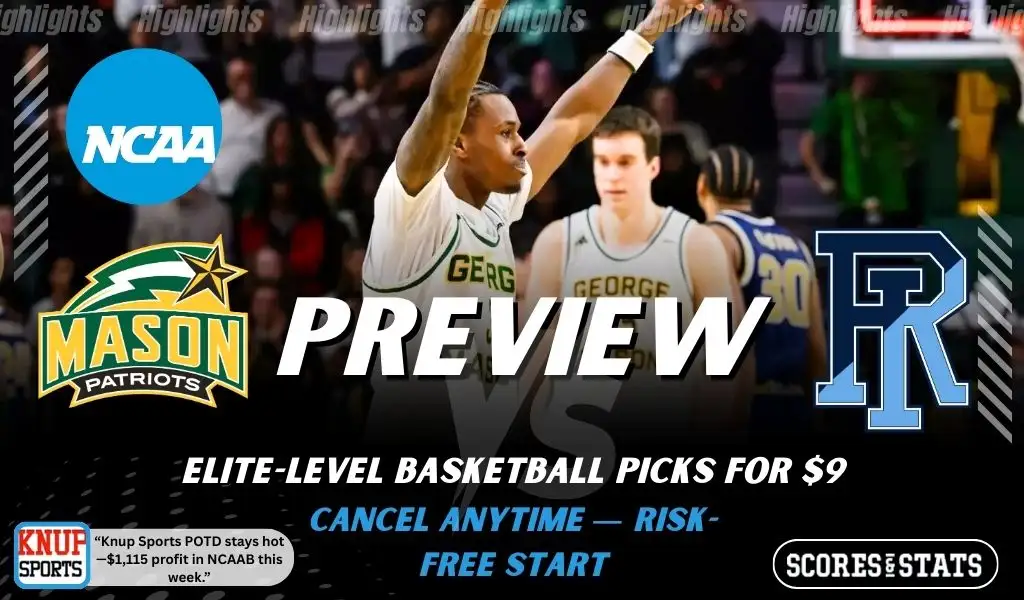 George Mason Patriots vs Rhode Island Rams preview graphic with team logos and NCAA branding promoting college basketball picks and predictions for January 24 2026