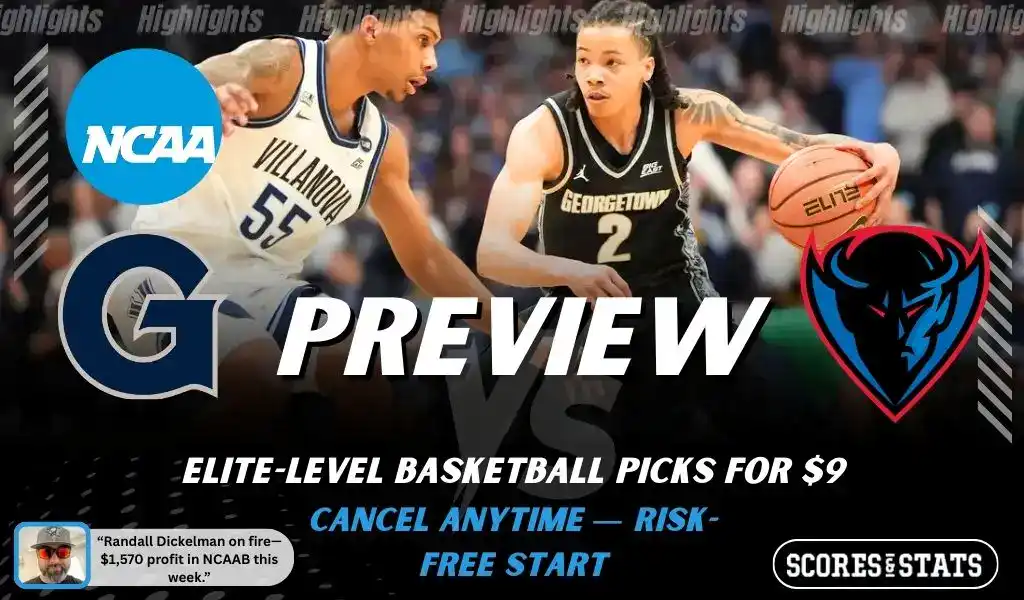 Georgetown Hoyas vs Depaul Blue Demons preview graphic with team logos and NCAA branding promoting college basketball picks and predictions for January 28 2026