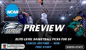 Georgia Southern Eagles vs Coastal Carolina Chanticleers NCAA basketball preview graphic with players near the rim and team logos
