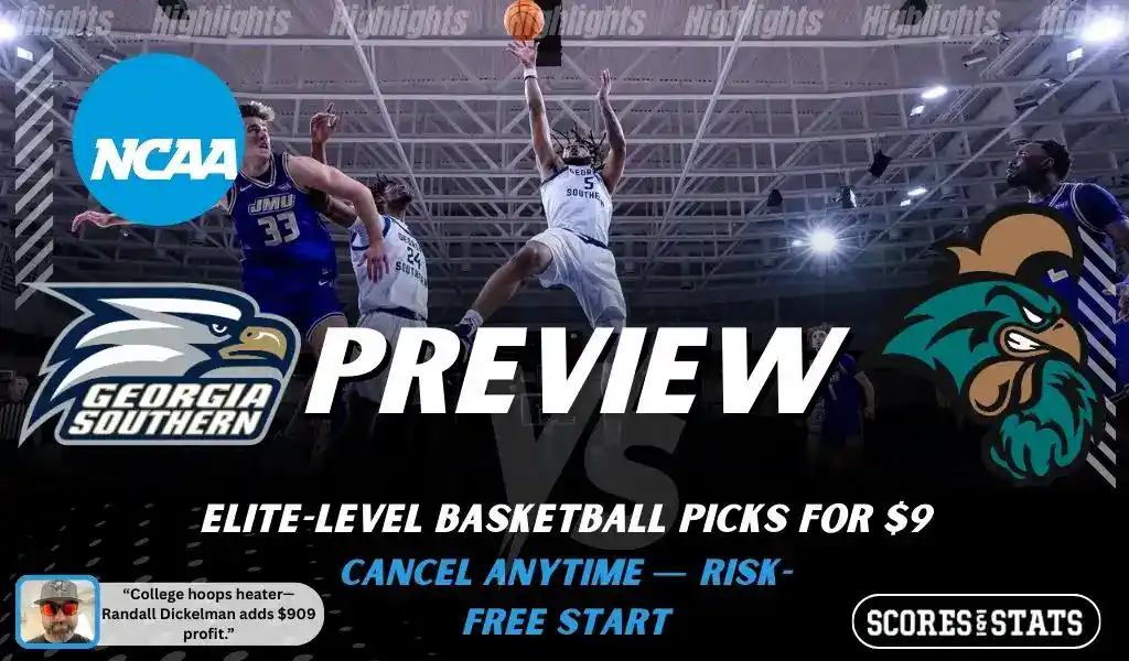 Georgia Southern Eagles vs Coastal Carolina Chanticleers NCAA basketball preview graphic with players near the rim and team logos