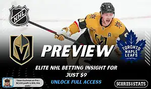 Vegas Golden Knights vs Toronto Maple Leafs hockey preview graphic with Golden Knights and Maple Leafs logos and a Golden Knights player skating in the background