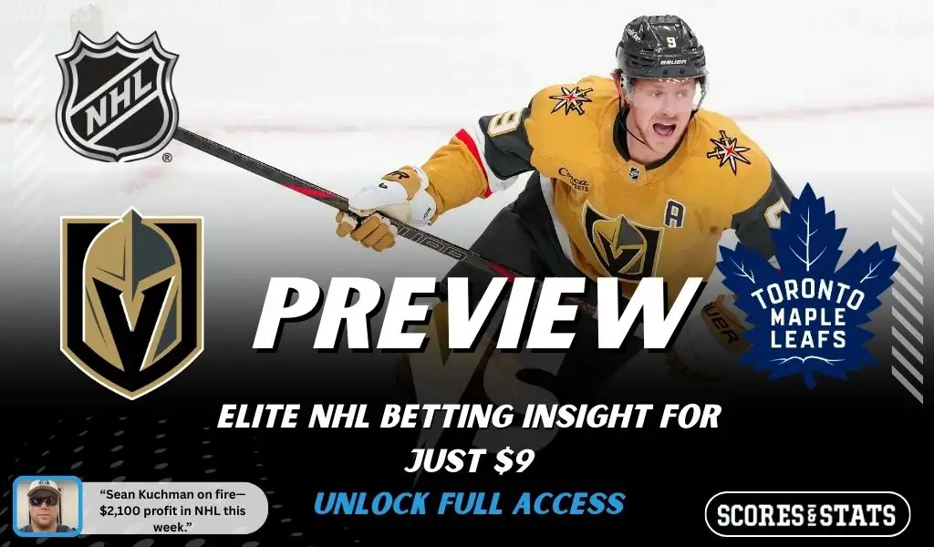 Vegas Golden Knights vs Toronto Maple Leafs hockey preview graphic with Golden Knights and Maple Leafs logos and a Golden Knights player skating in the background