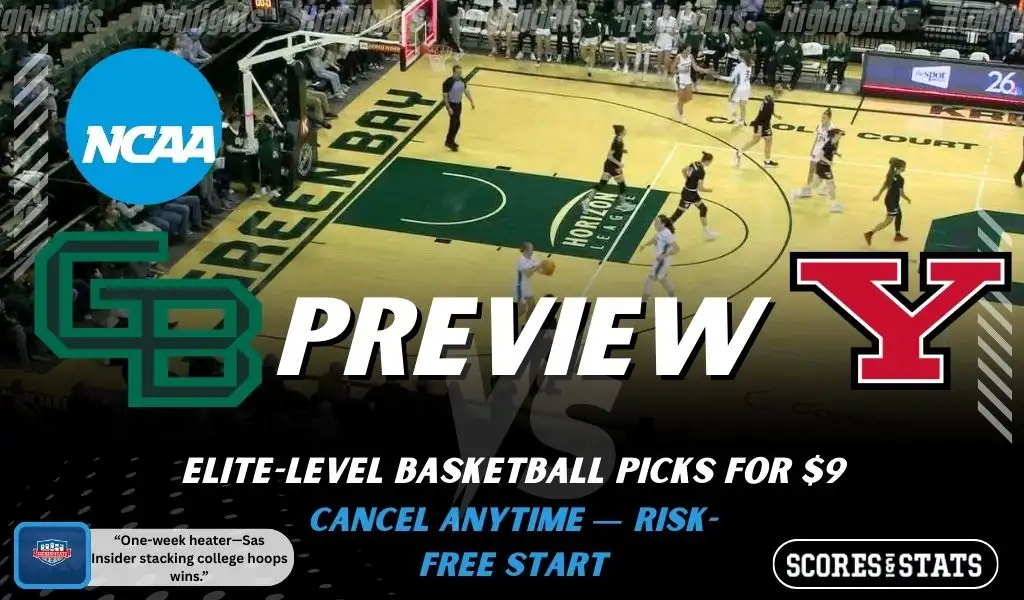 Green Bay Phoenix vs Youngstown State Penguins college basketball preview graphic showing an overhead view of the court with both team logos for January 22 2026