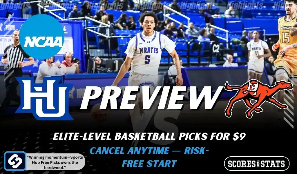 NCAA basketball preview graphic for Hampton Pirates vs Campbell Fighting Camels with team logos game photo and the word Preview for January 8 2026