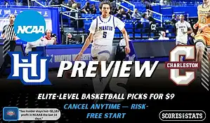 Hampton Pirates versus Charleston Cougars college basketball preview graphic with team logos and Scores and Stats branding January 10 2026