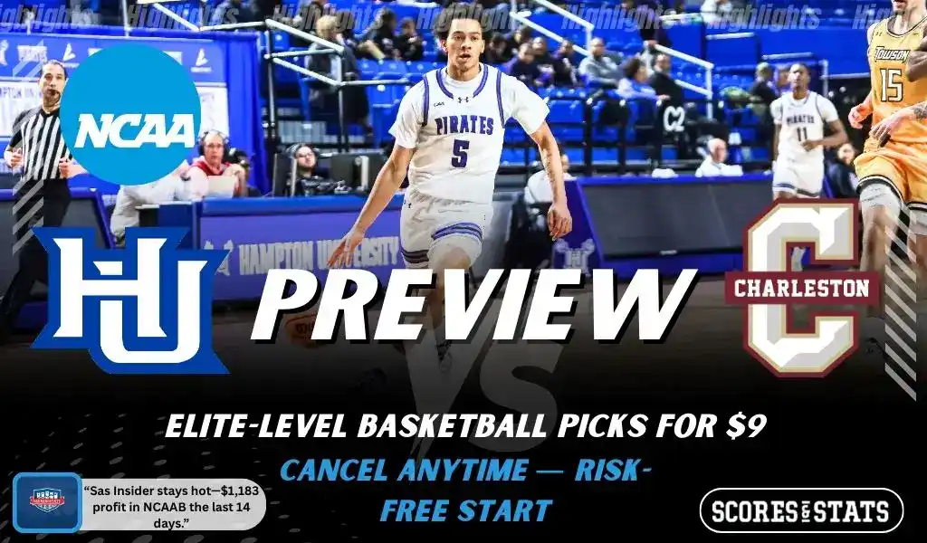 Hampton Pirates versus Charleston Cougars college basketball preview graphic with team logos and Scores and Stats branding January 10 2026