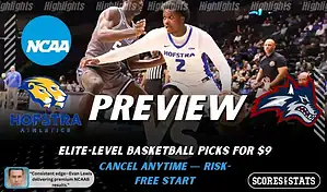 Hofstra Pride vs Stony Brook Seawolves basketball preview graphic with Hofstra and Stony Brook logos and a Hofstra player dribbling in the background