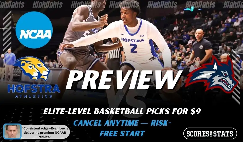 Hofstra Pride vs Stony Brook Seawolves basketball preview graphic with Hofstra and Stony Brook logos and a Hofstra player dribbling in the background