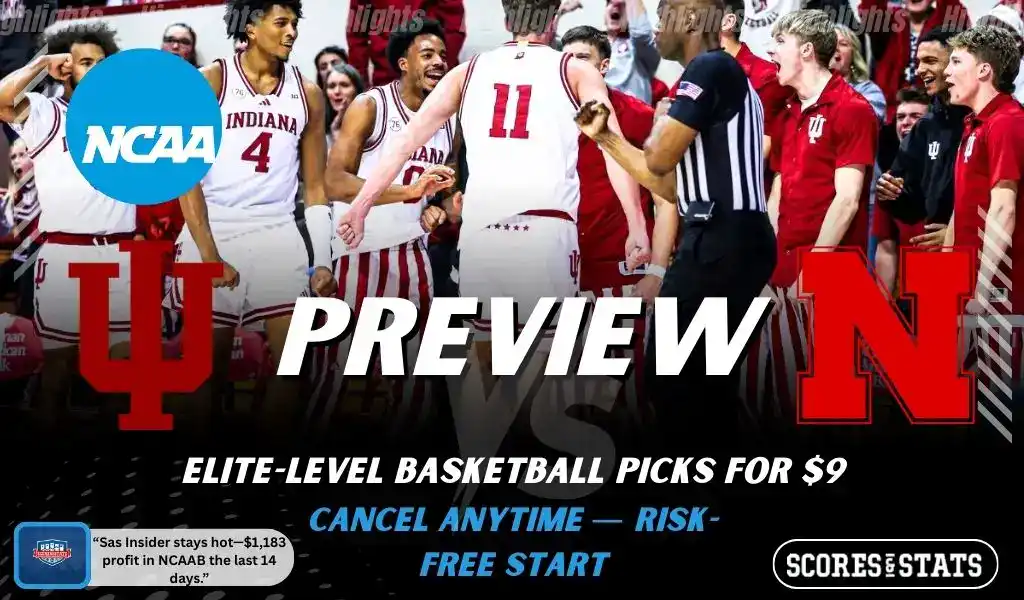 Indiana Hoosiers versus Nebraska Cornhuskers college basketball preview graphic with team logos and Scores and Stats branding January 10 2026