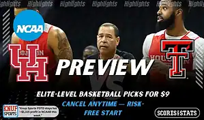 Houston Cougars vs Texas Tech Red Raiders preview graphic with team logos and NCAA branding promoting college basketball picks and predictions for January 24 2026