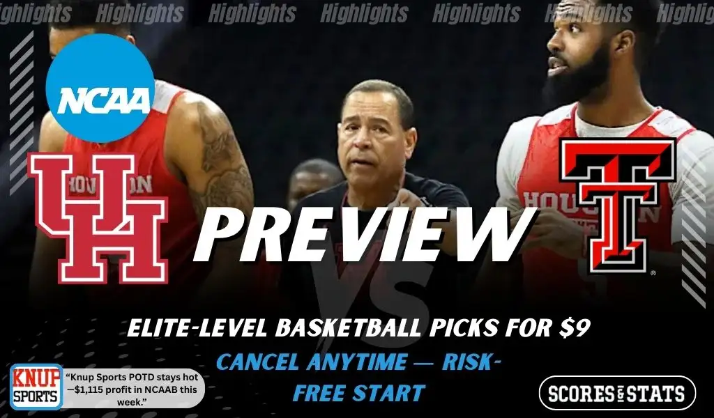 Houston Cougars vs Texas Tech Red Raiders preview graphic with team logos and NCAA branding promoting college basketball picks and predictions for January 24 2026