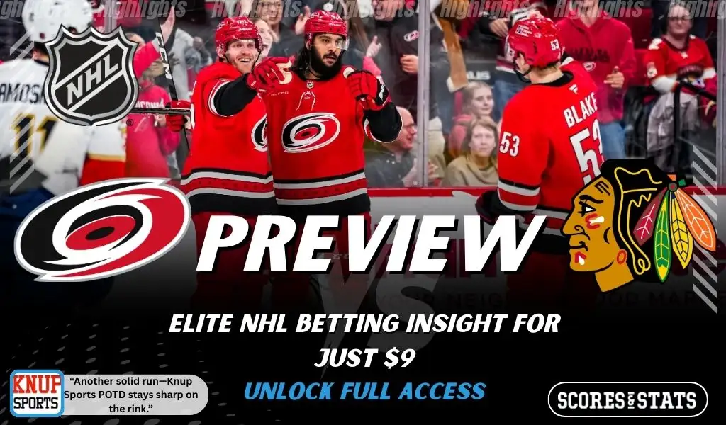 Carolina Hurricanes vs Chicago Blackhawks NHL preview graphic showing Hurricanes players celebrating with both team logos for January 22 2026